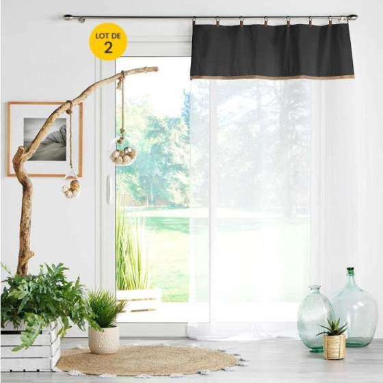 Lot de 2 Voilages à anneau 140 x 240 cm en polycoton sablé + jute Leana Noir