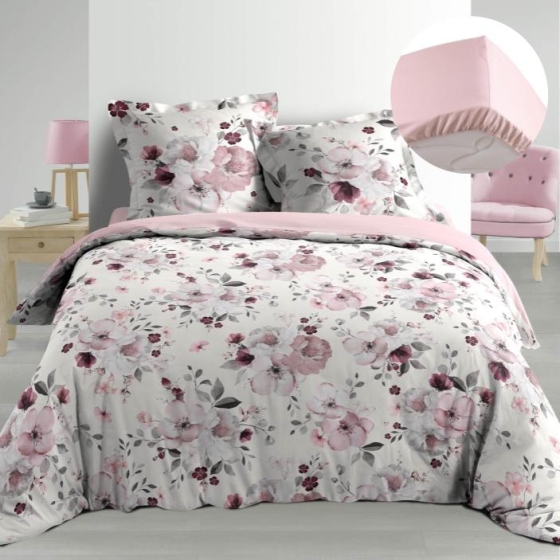 Pack Housse de couette 220x240 cm Percale luxe Flower Blanc + drap housse 140x190 Rose