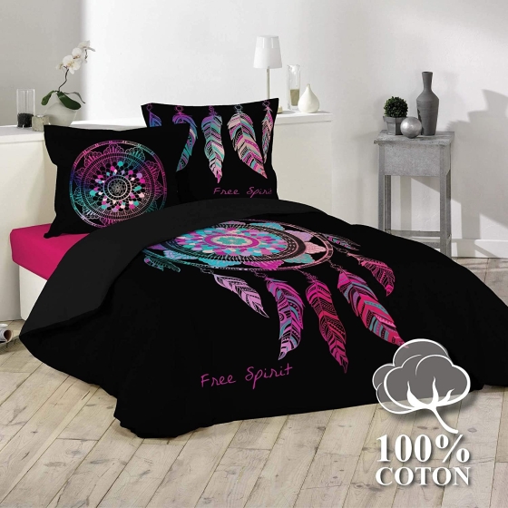 Housse de couette imprimé 260 x 240 cm 100% coton 42 fils + 2 taies Porte bonheur