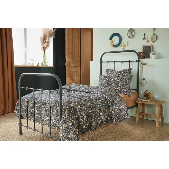 Housse de couette 140 x 200 cm double gaze de coton imprimée Capucine Bleu foncé