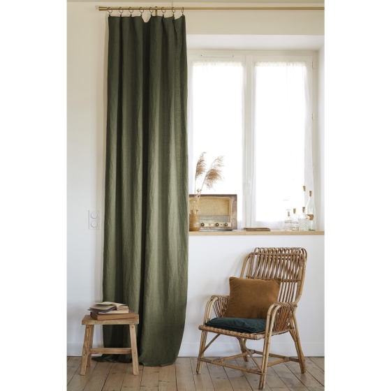 Rideau ajustable + 8 anneaux pince 140 x 270 cm lin lavé français luxe soline Vert kaki