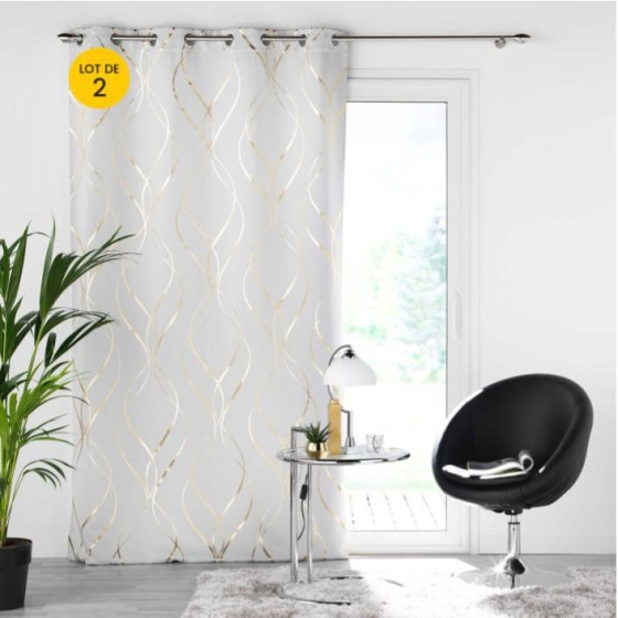 Lot de 2 Rideaux occutlant 135 x 240 cm métallisé Elise Blanc/Or