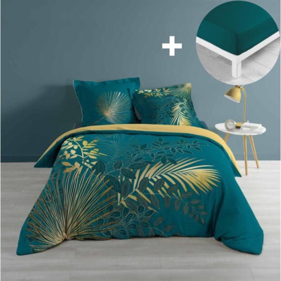 Pack parure de couette 260x240 cm Strassy bleu + drap housse Pétrole 160x200 cm