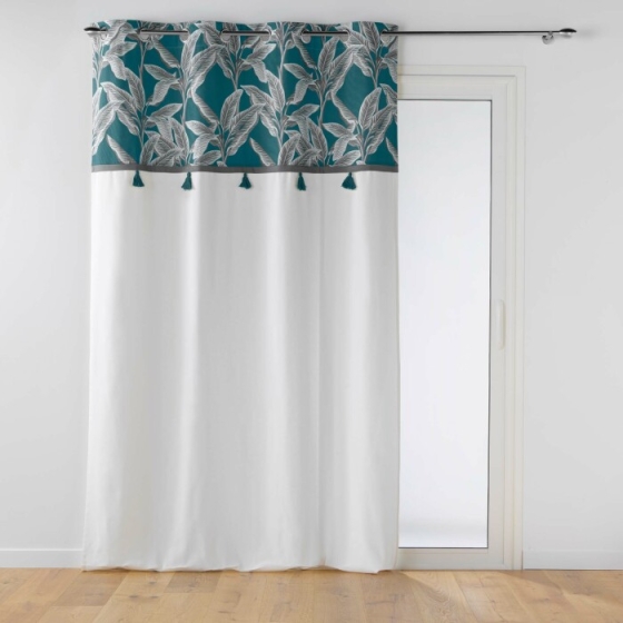 Rideau a oeillets 140 x 240 cm coton uni+top imprime+pompons isibelle Bleu