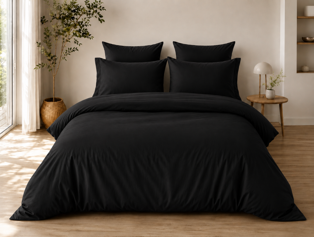 Parure de Lit Complète 240 x 220 cm Noir - 100% Coton 57 Fils - Drap-Housse 140x190 + 4 Taies