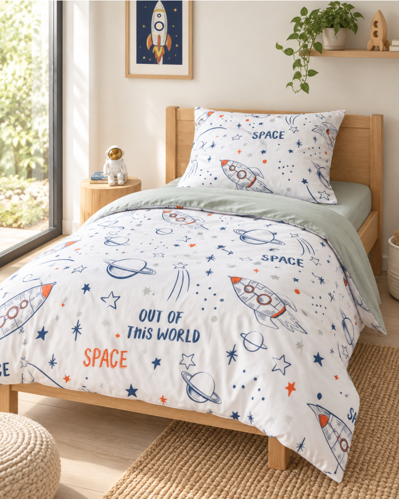 Parure de lit enfant 140 x 200 cm + 1 taie d’oreiller 100% coton imprimé GALAXIE