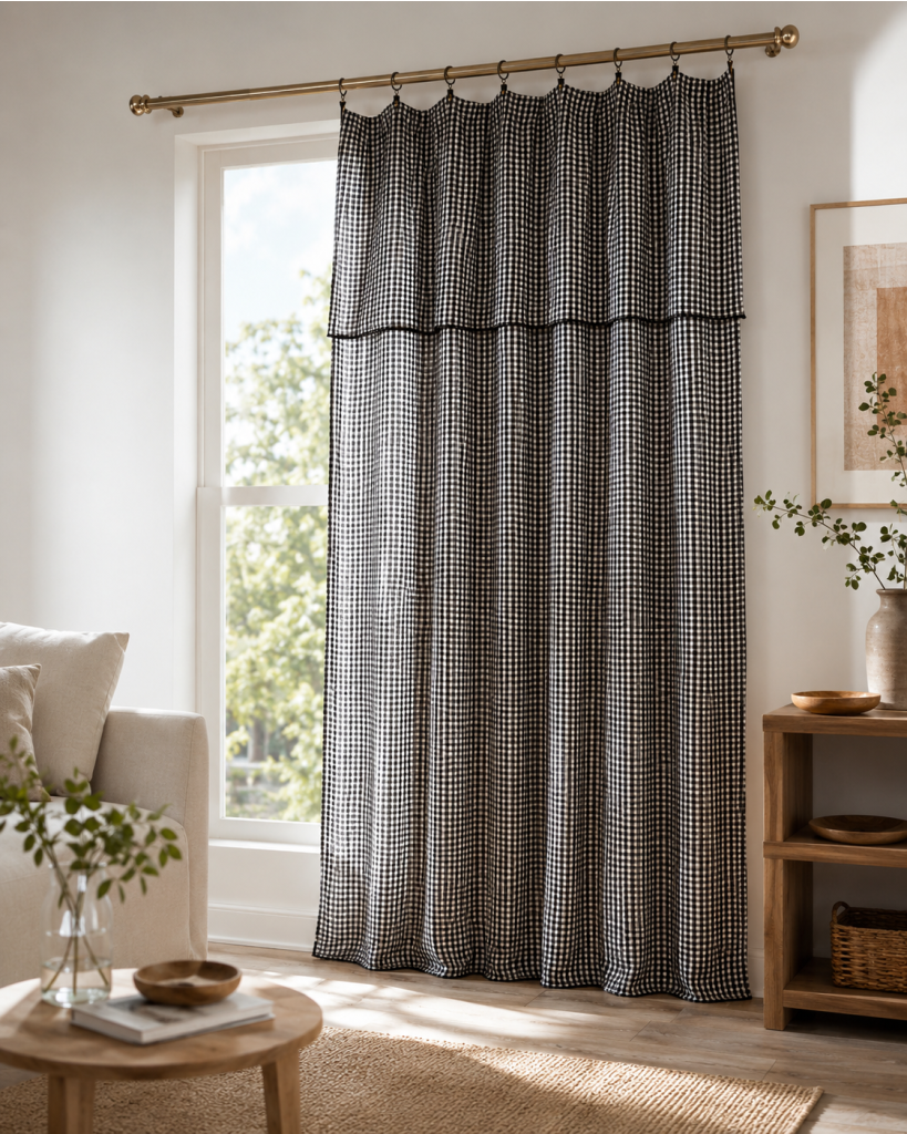 Rideau Ajustable 140 x 300 cm Double Gaze de Coton Vichy VICKIE – Truffe