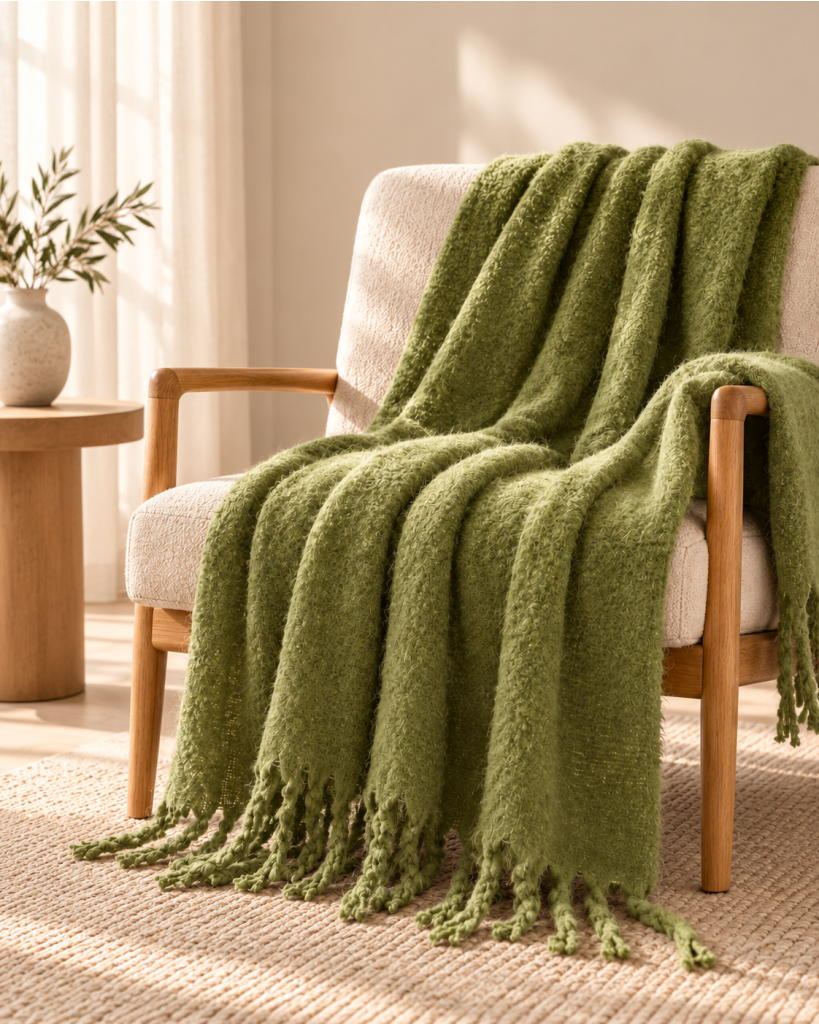 Plaid MELIA Olive 130 x 170 cm – Tricot uni – Franges tressées