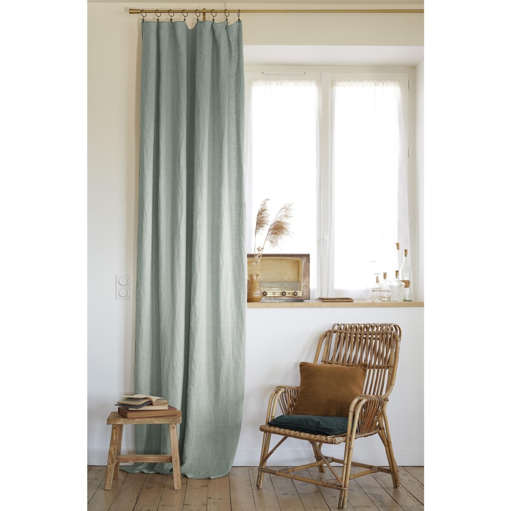 Rideau Ajustable + 8 Anneaux Pince – Lin Lavé Français Luxe Soline – 140 x 270 cm – Eucalyptus