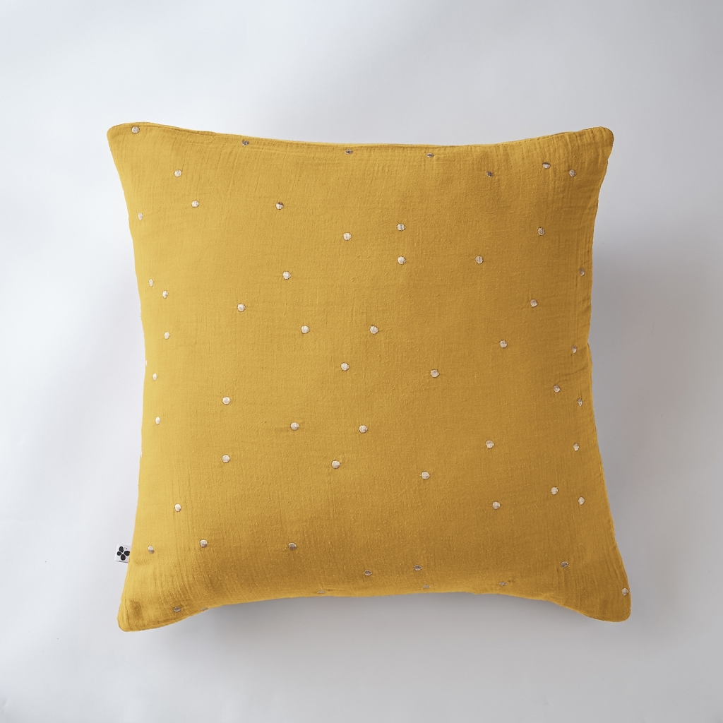 Taie d'oreiller gaze de coton brodée fil or 60 x 60 cm Gaia Chic Jaune