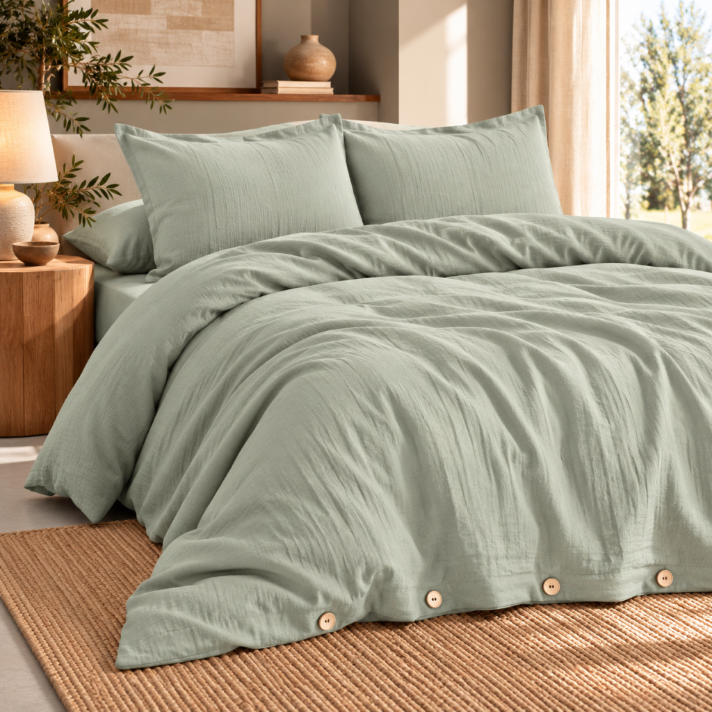 Parure de lit 240 x 220 cm + 2 taies 50 x 70 cm double gaze de coton GAÏA Vert d’eau