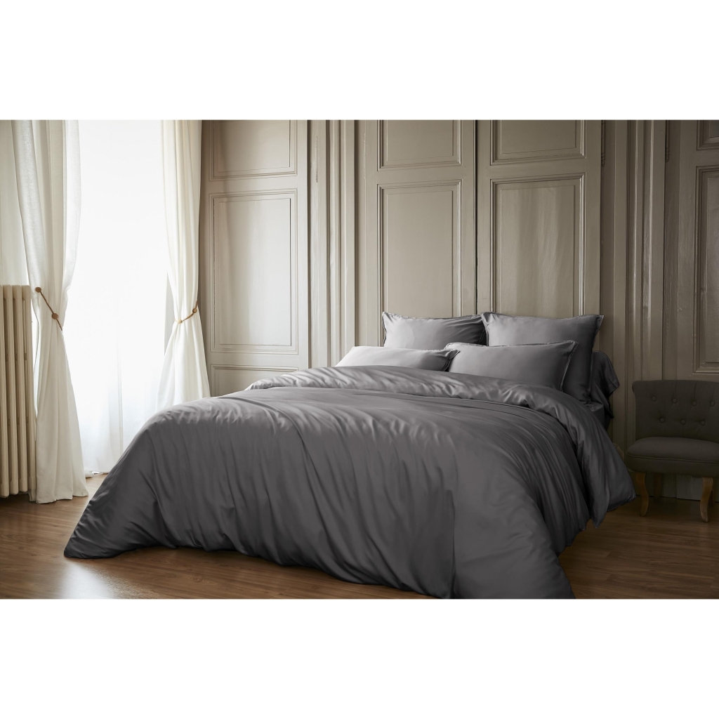 Pack Housse de couette 260 x 240 cm bambou de satin 120 fils Salomé + Drap housse 160 x 200 cm Anthracite