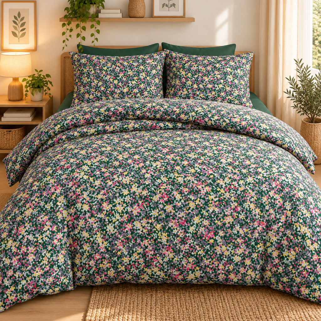 Parure de lit réversible MYOSOTIS 200 x 200 cm + 2 taies 100% coton 57 fils