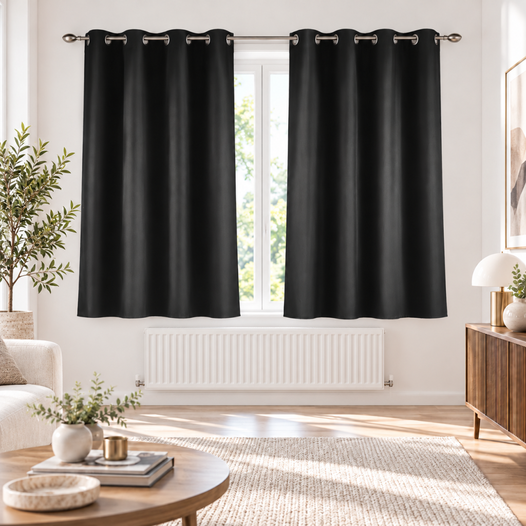 Lot de 2 rideaux petite hauteur à œillets 140 x 180 cm tamisants unis Noir Essentiel