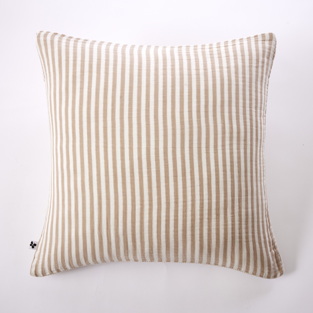 Taie d’oreiller LIVIA 60 x 60 cm – Double gaze de coton rayée – Ficelle