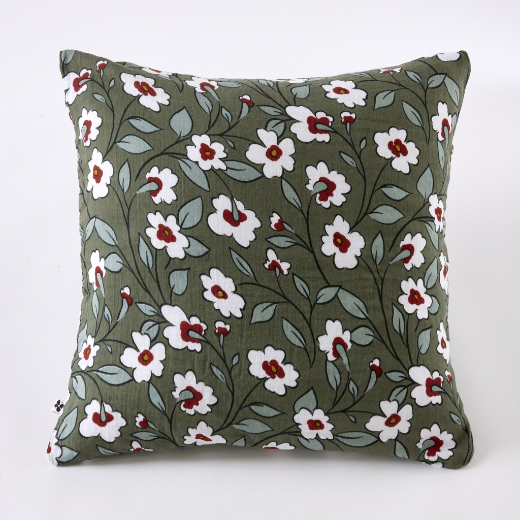 Taie d’oreiller 60 x 60 cm gaze de coton imprimée FLORA – Romarin