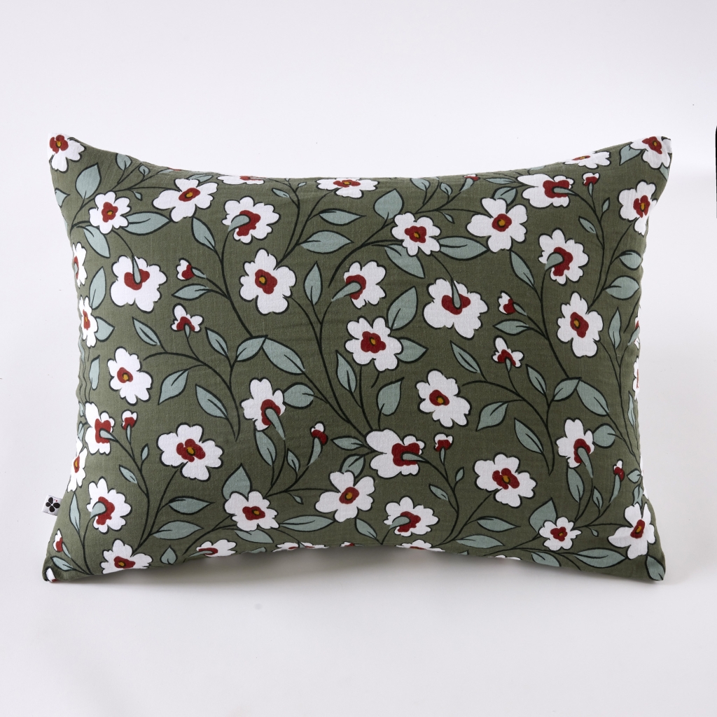 Taie d’oreiller 50 x 70 cm gaze de coton imprimée FLORA – Romarin