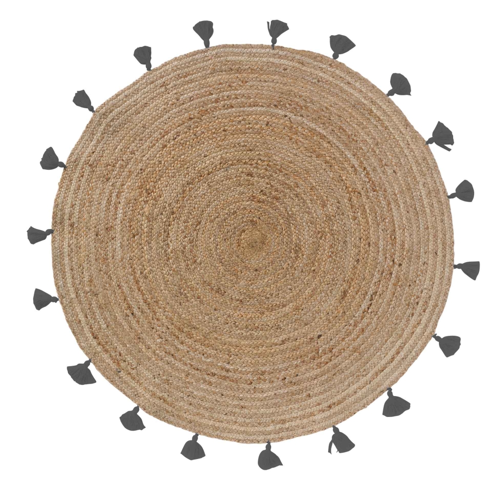 Tapis rond Ø120 cm – Jute naturel avec pompons anthracite – Modèle Shira