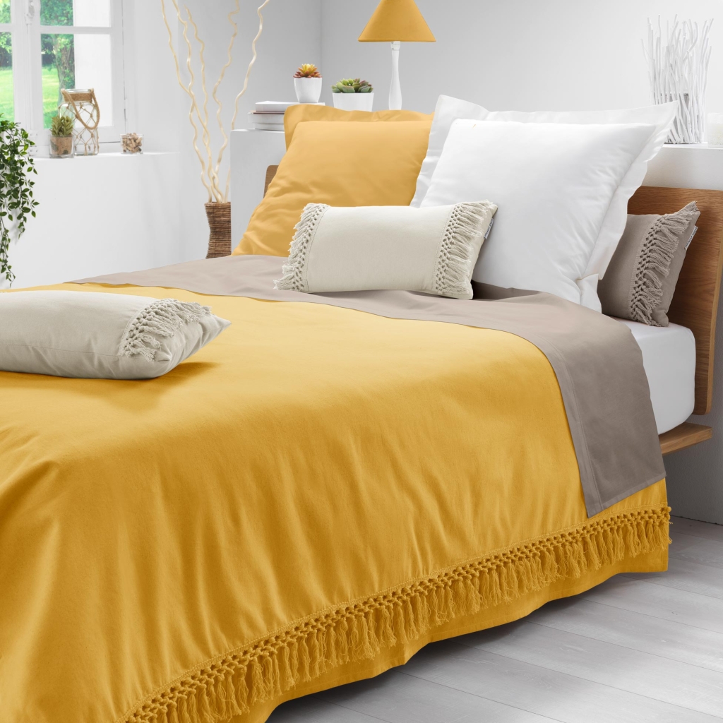  Couvre-lit 1 personne 180 x 220 cm – Coton uni à franges SALMA Jaune