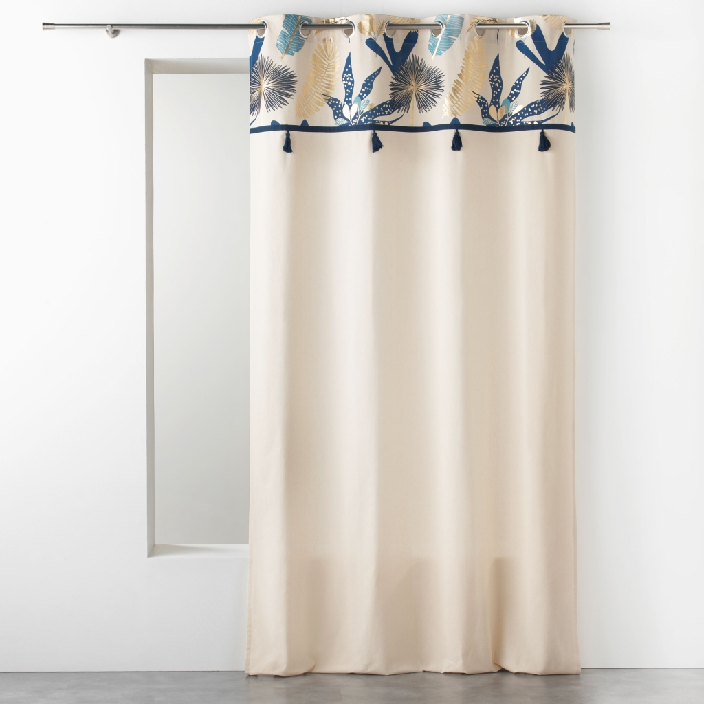  Rideau à œillets 140 x 240 cm – Coton imprimé doré et pompons – PRUSSEOR