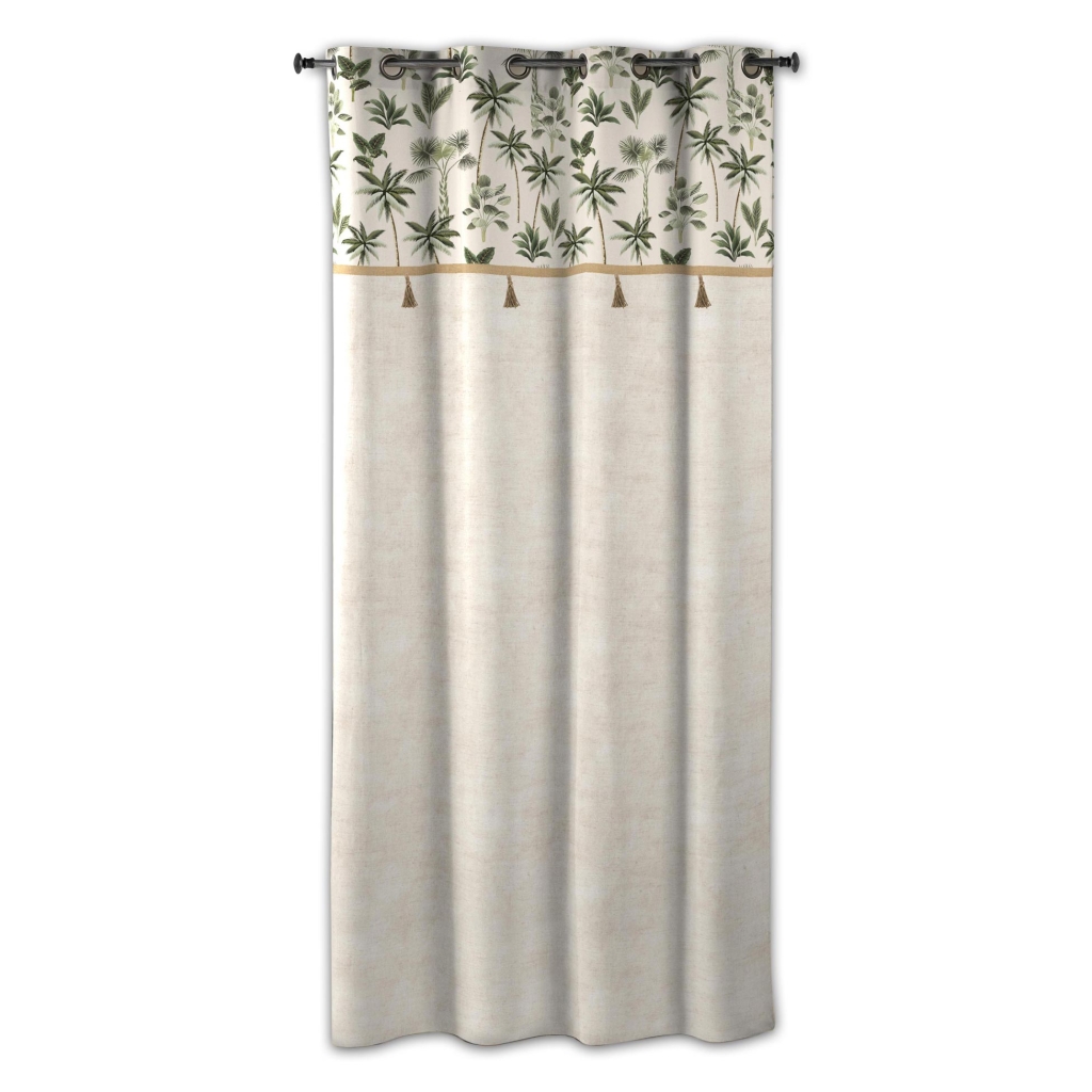  Rideau À Œillets 140 x 240 cm Coton Uni + Top Imprimé Tropical & Pompons – Malacca Vert