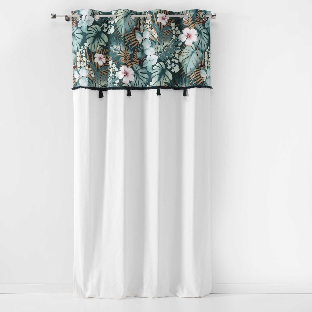  Rideau À Œillets 140 x 240 cm Coton Uni + Top Imprimé Floral & Pompons – Kelly vert