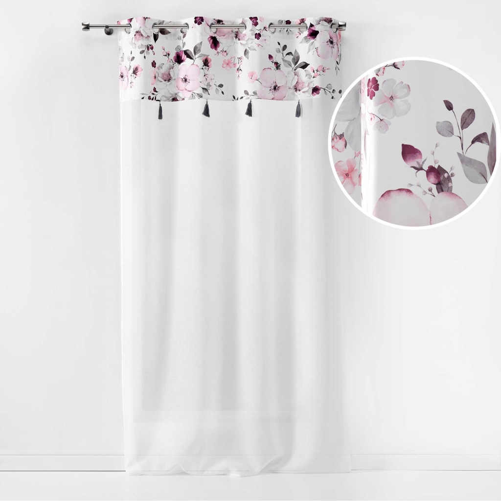 Panneau à Œillets 140x240 cm – Voile Sablé Blanc avec Top Velours Imprimé Floral Velvet Flower