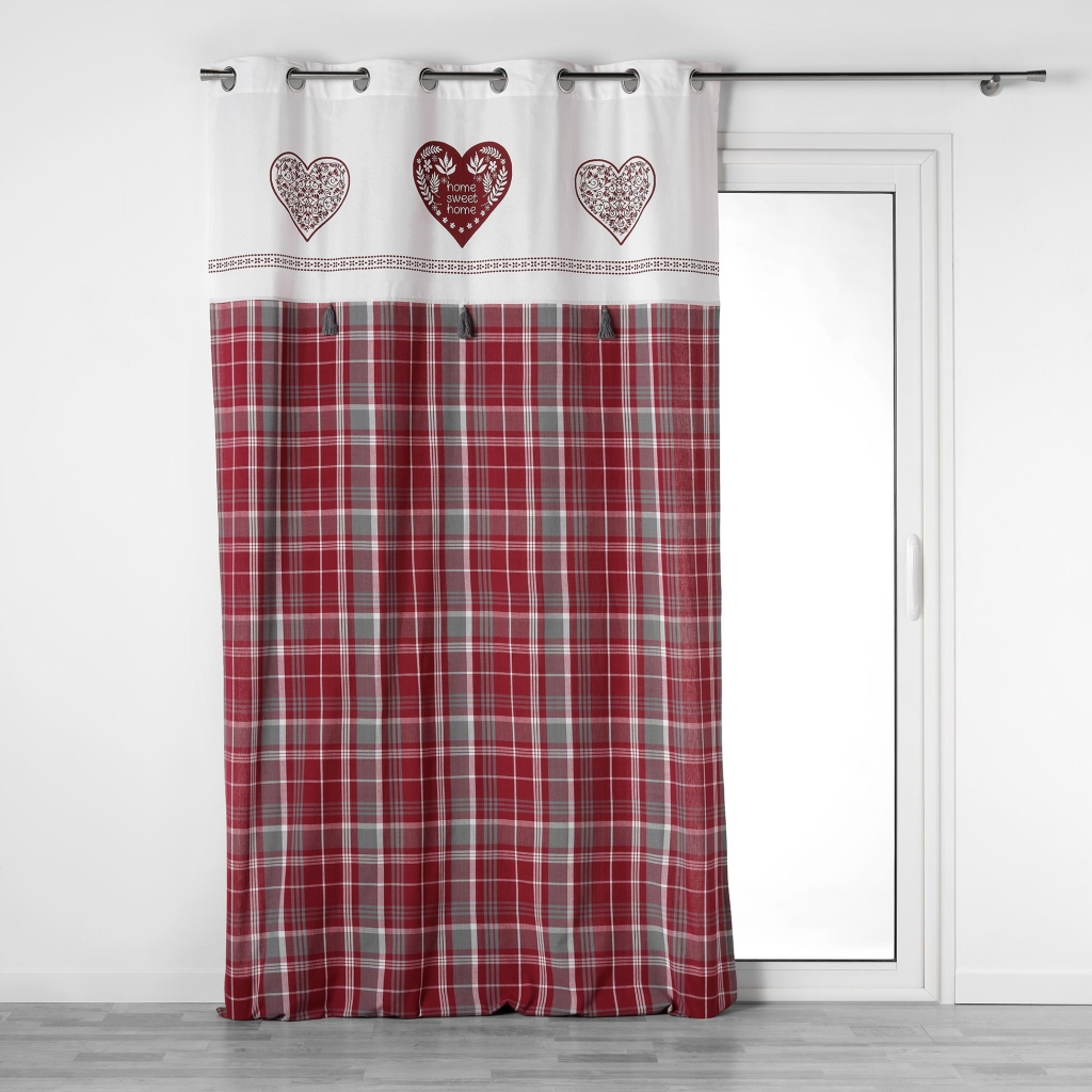 Rideau à Œillets 140 x 240 cm – Coton Tissé à Carreaux + Top Imprimé et Pompons SWEET HEART Naturel