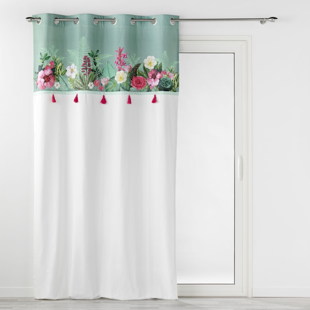 Rideau À Œillets 140 x 240 cm Coton Uni + Top Imprimé Floral & Pompons – Anabella Vert