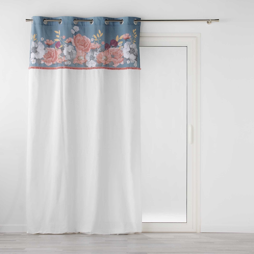  Rideau à œillets 140 x 240 cm – Coton uni imprimé floral et franges – Rosalita Bleu