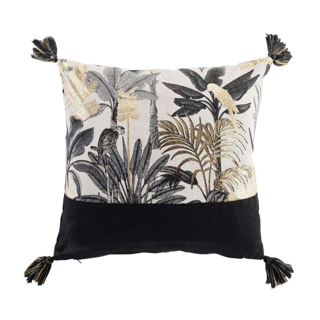 Coussin déhoussable avec pompons – 40 x 40 cm – Coton imprimé métallisé Karaba