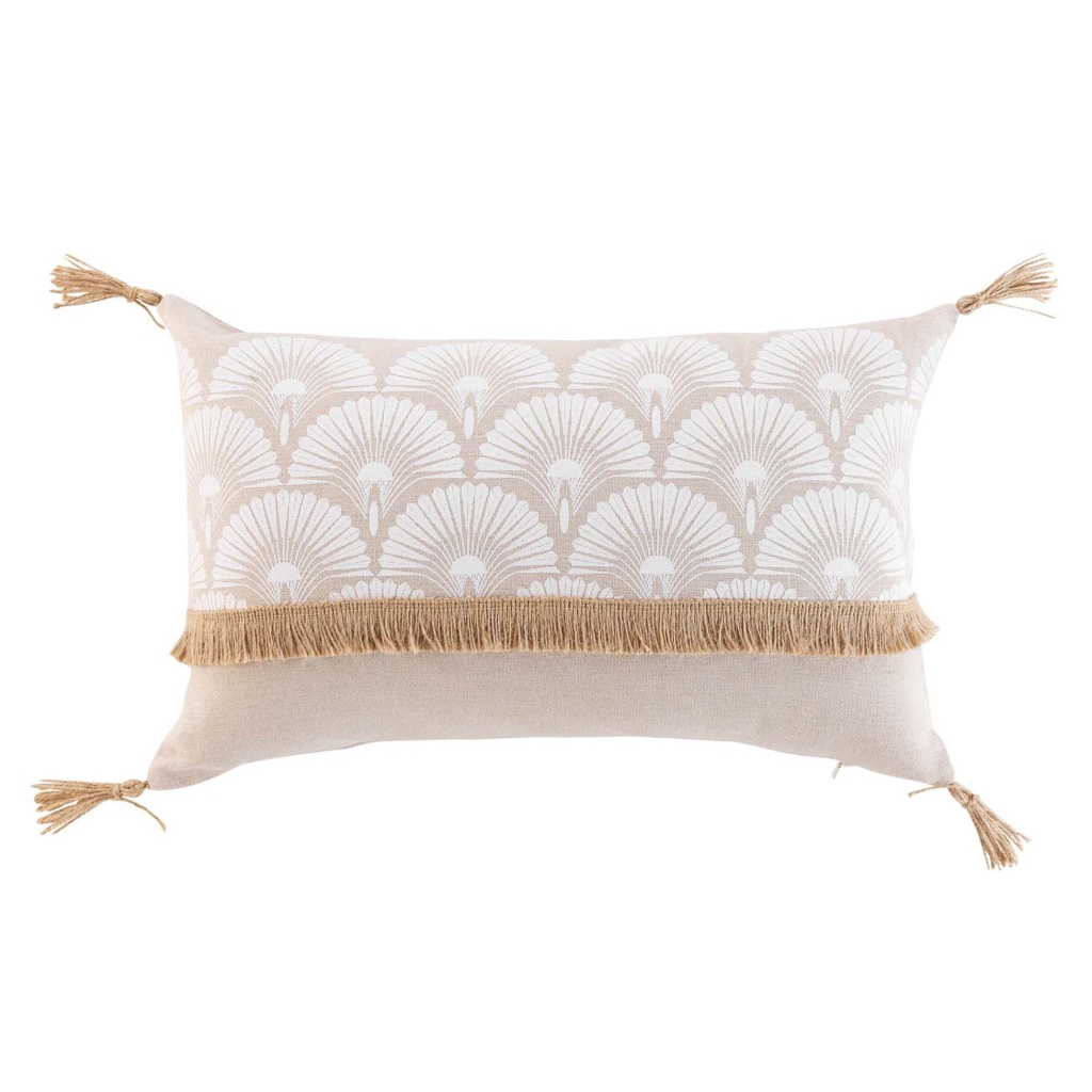 Coussin déhoussable avec pompons – 30 x 50 cm – Polycoton imprimé & jute Bahina Blanc