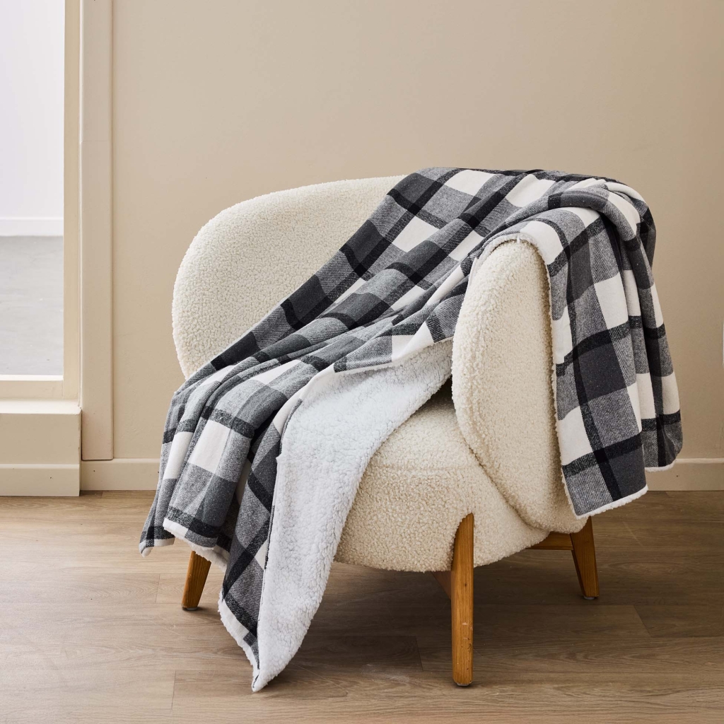 Plaid 125 x 150 cm tartan écossais / sherpa – Anthracite