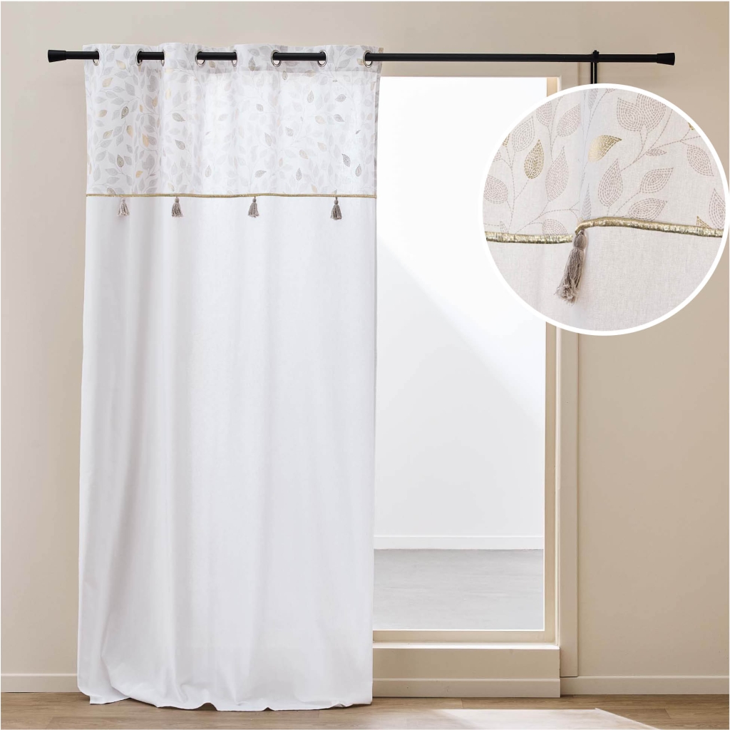 Rideau à Œillets 140 x 240 cm – Coton / Polyester – Haut Métallisé & Pompons – Duchesse Blanc
