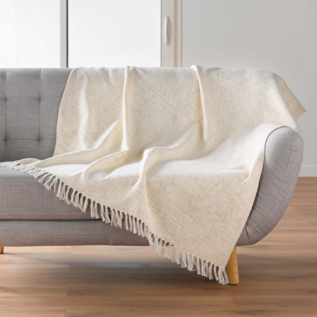 Plaid 125 x 150 cm – ZIGGY – Coton/Polyester avec fils métallisés – Franges déco