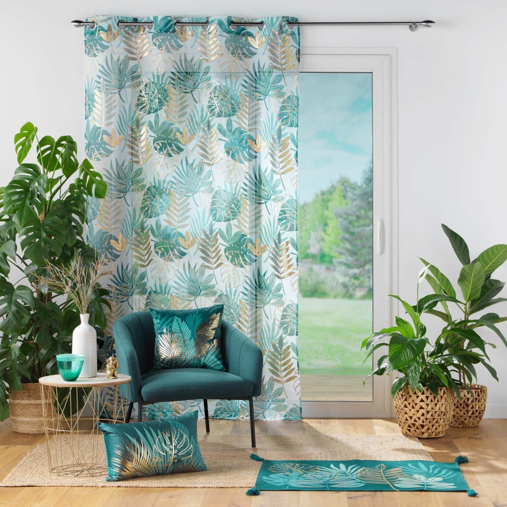 Voilage à œillets 140 x 280 cm voile sable imprimé métallisé Ornella blanc / émeraude