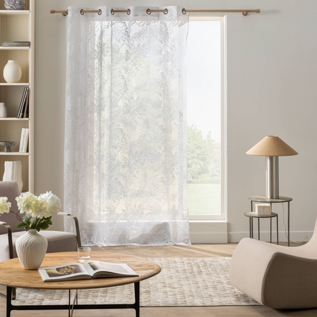 voilage à oeillets 140 x 280 cm maille ysora — blanc motif feuillage grande hauteur