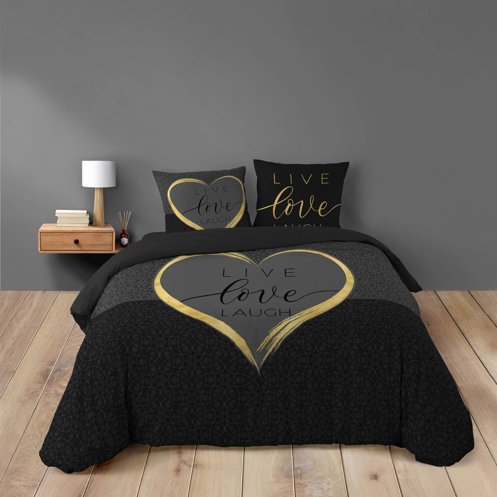 Housse de couette 240 x 220 cm + 2 taies – Coton 42 fils – Imprimé placé Crazy Love