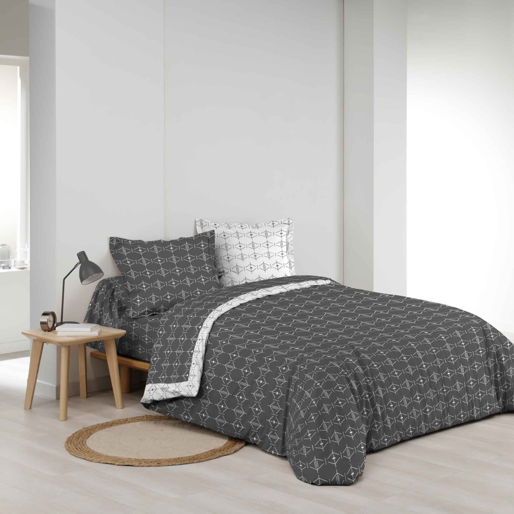  Housse de Couette 2 Personnes 240 x 220 cm – 100% Coton 57 Fils – ARISTIDE Anthracite – Sans Taie