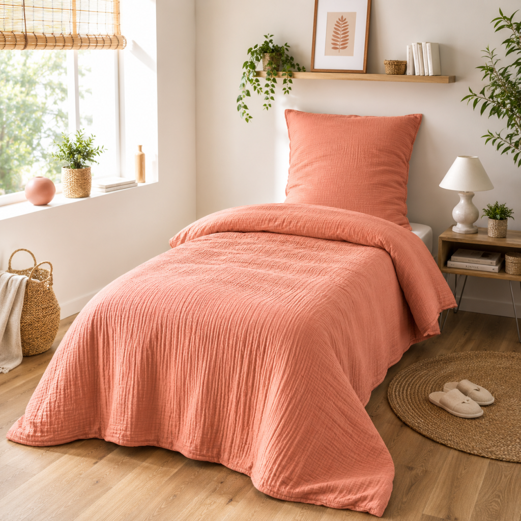 Housse de Couette 140 x 200 cm 1 Personne Gaze de Coton 57 Fils Rose