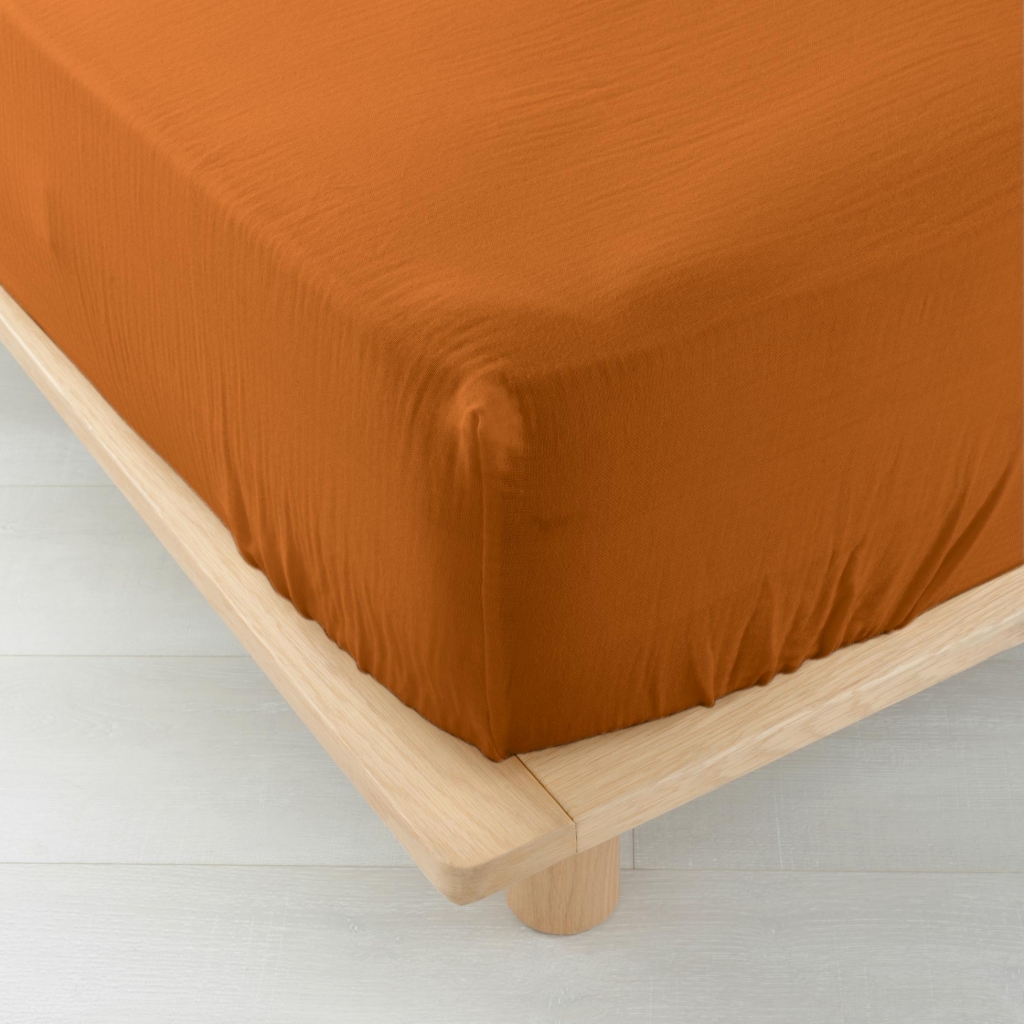 Drap-housse 2 personnes 140 x 190 cm – Gaze de Coton Uni 57 fils – Angelia Caramel