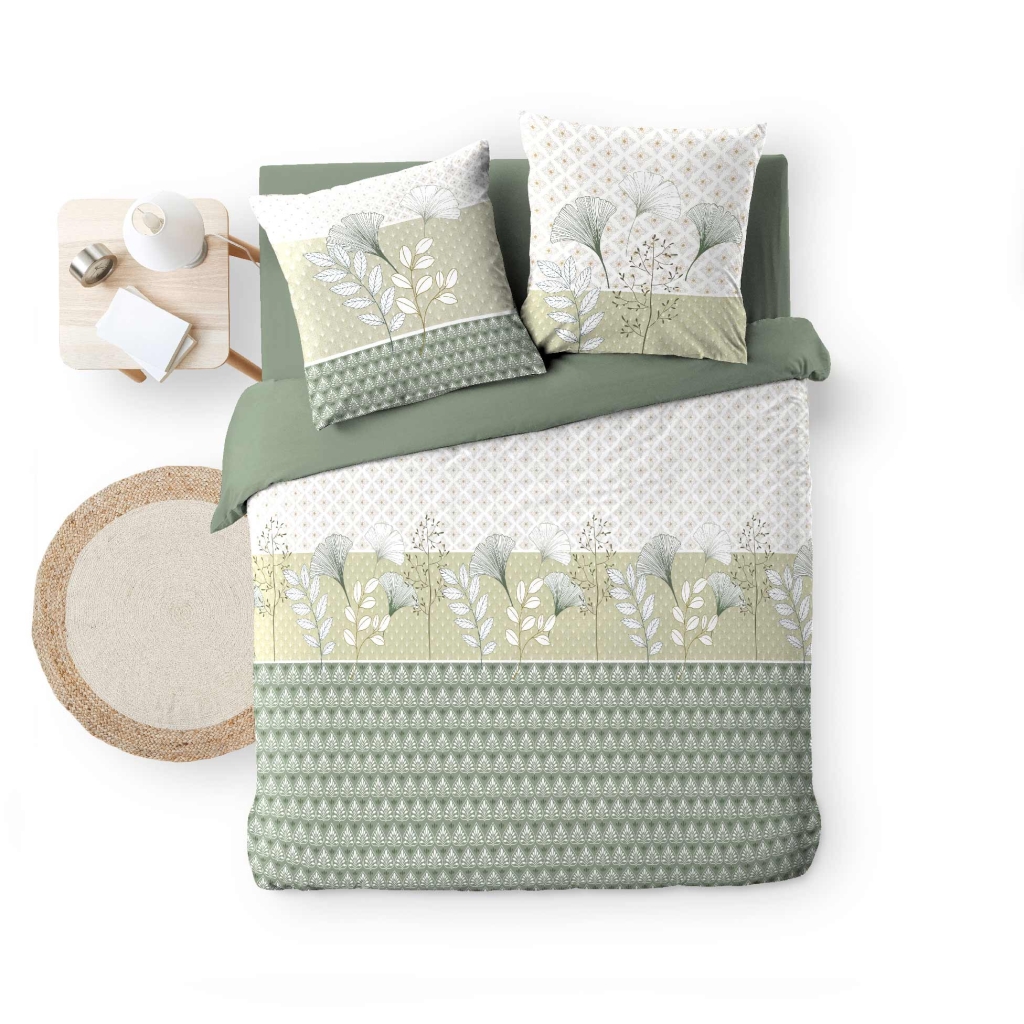 Housse de couette 240 x 220 cm + 2 taies – Coton 42 fils – Motif végétal vert sauge – Poetine