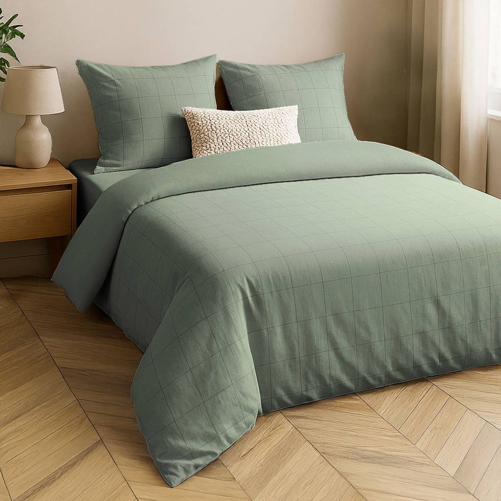 Parure de lit 3 pièces LINELLA Sauge – 260 x 240 cm – Coton/Polyester lavé jacquard 57 fils