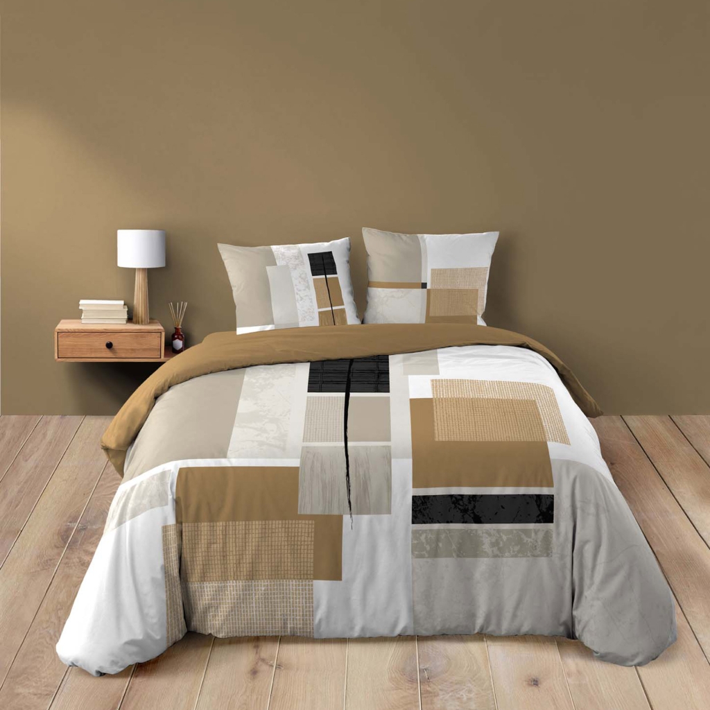 Parure de lit 3 pièces 260 x 240 cm QUADRO Miel – Imprimé géométrique