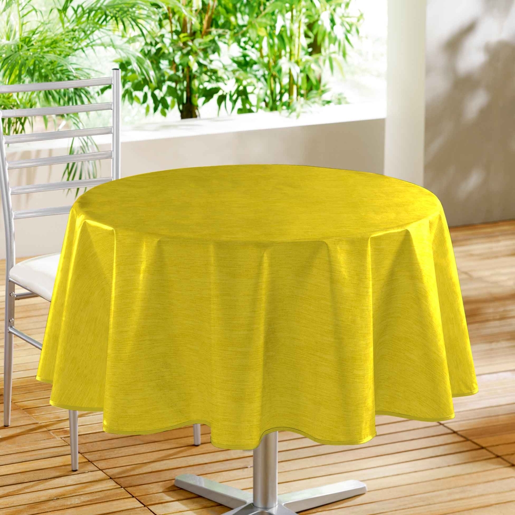 Nappe ronde Ø160 cm PVC imprimé – Finition biais – Declino Jaune