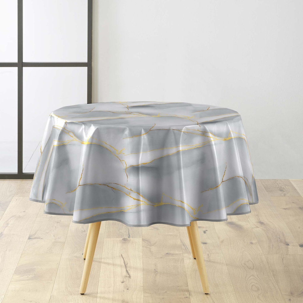 Nappe ronde Ø160 cm PVC imprimé – Finition biais – Paillettes Marbrelle