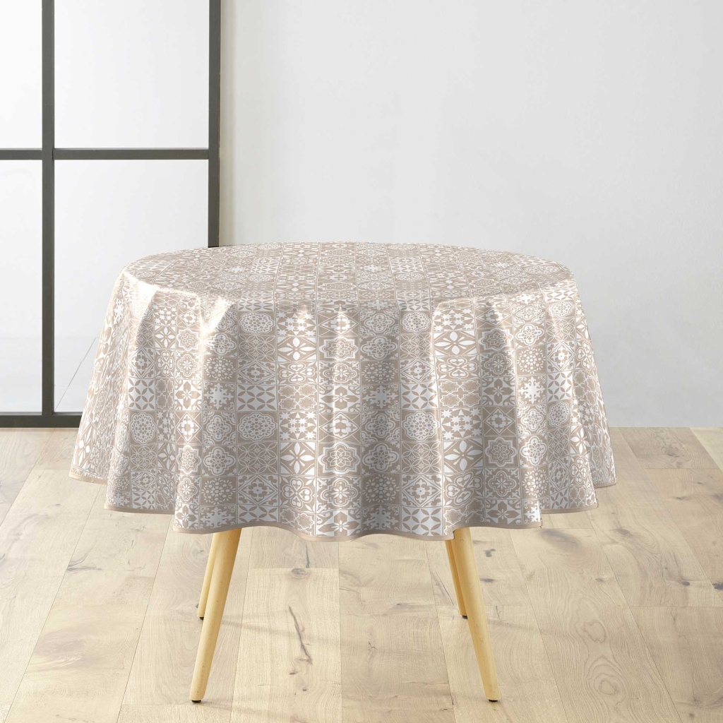 Nappe ronde Ø160 cm PVC imprimé – Finition biais – Carrella Blanc