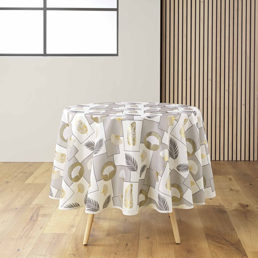 Nappe ronde Ø 180 cm – Polyester imprimé métallisé NATANE Naturel