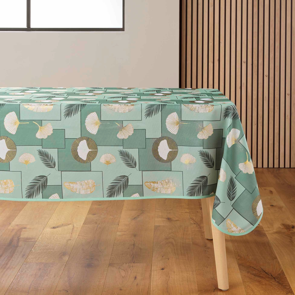 Nappe rectangle 145 x 240 cm – Polyester imprimé métallisé NATANE Sauge