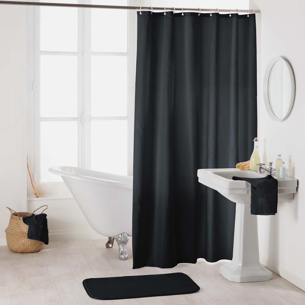 Rideau de douche avec crochets 180 x 200 cm – ESSENCIA Noir – Imperméable & déco
